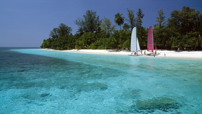 tropical island with sailboats