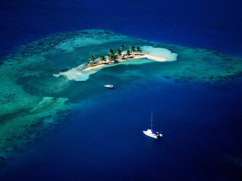 Tropical Island with Sailboats — Blue, Serene