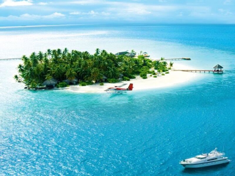 Tropical Island with Seaplane — Blue
