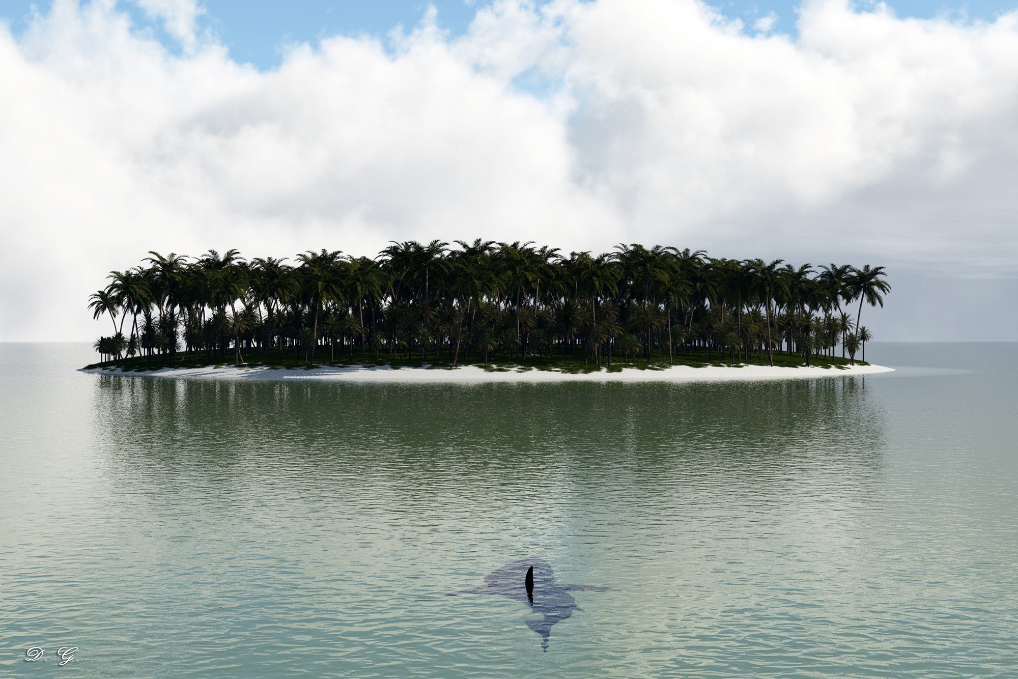 tropical island with shark fin