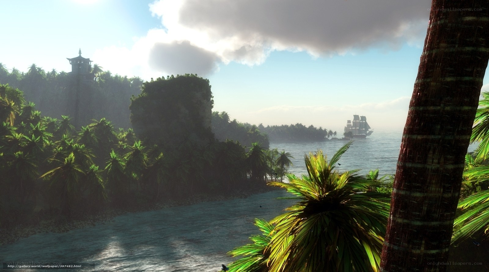 tropical island with ship