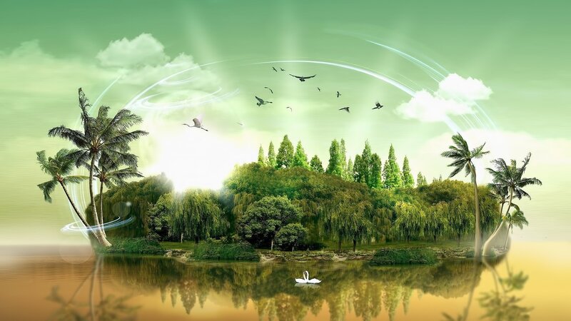 Tropical Island with Swan — Green, Serene, Afternoon, Digital Art