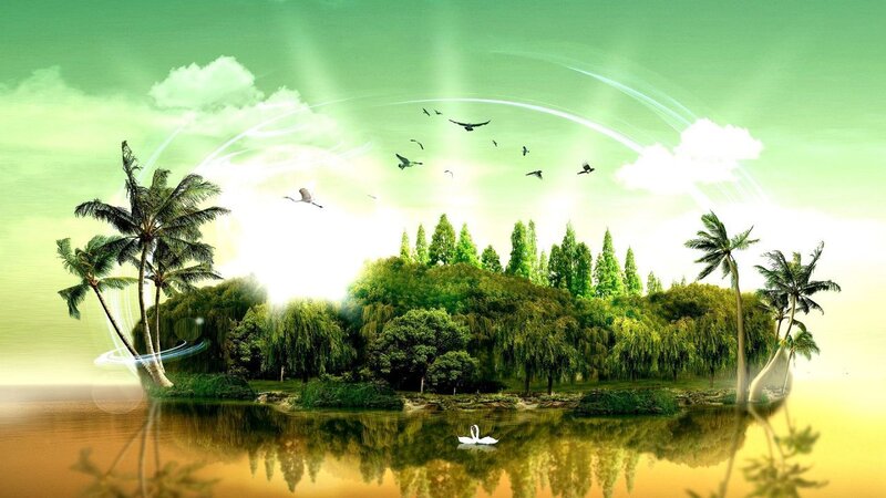 Tropical Island with Swan — Green, Serene