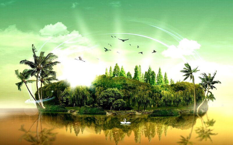 Tropical Island with Swan — Green