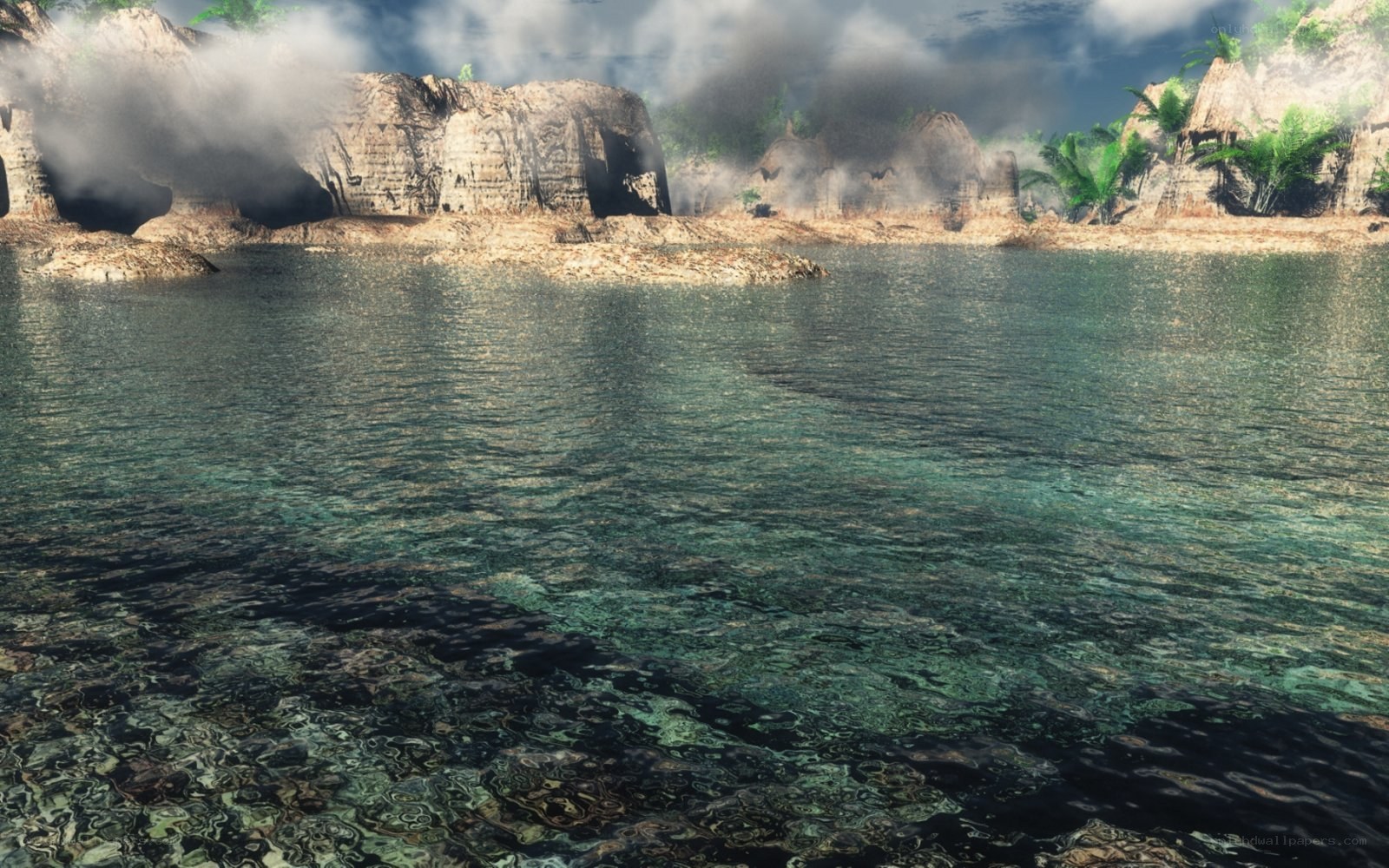 tropical island with volcanic rocks