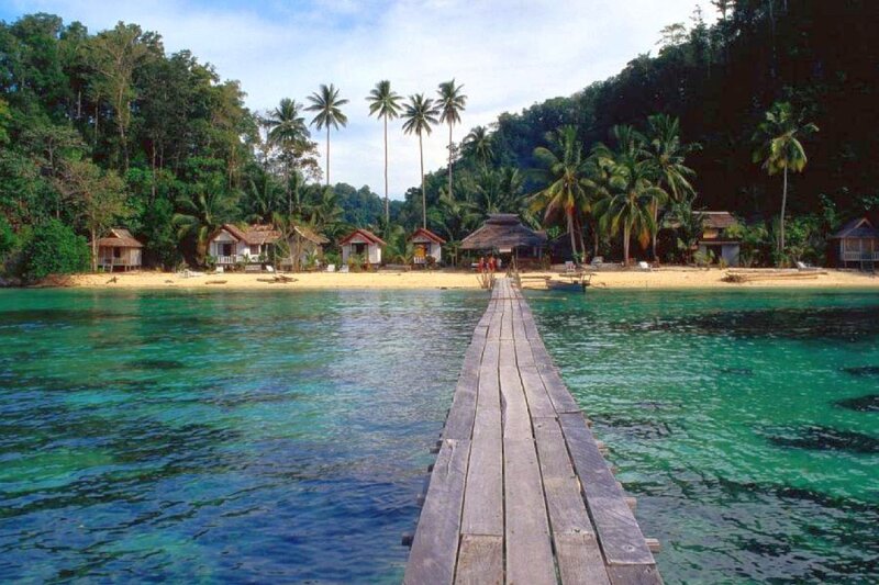 tropical island with wooden pier
