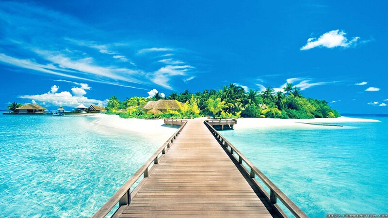 tropical island with wooden pier