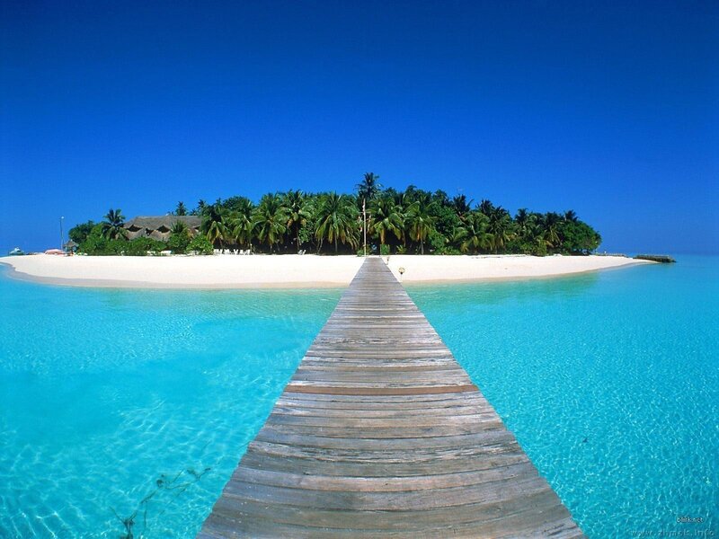 tropical island with wooden pier