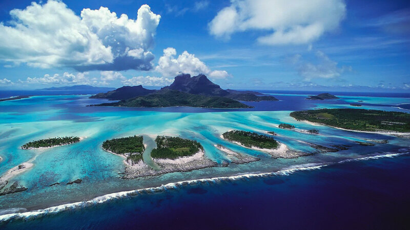 Tropical Islands and Lagoon — Blue, Serene, Afternoon, Photograph, Clouds, Ocean