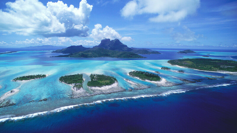 Tropical Islands and Lagoon — Blue, Serene, Afternoon, Photograph, Ocean, Clouds