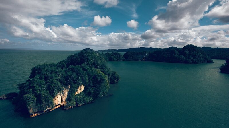 Tropical Islands in Bay — Blue, Serene, Afternoon, Photograph, Ocean, Clouds
