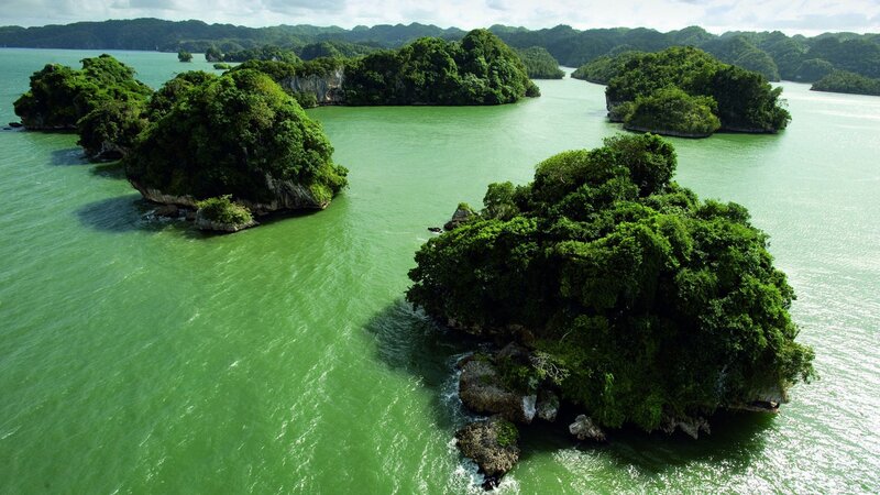 tropical islands in green water