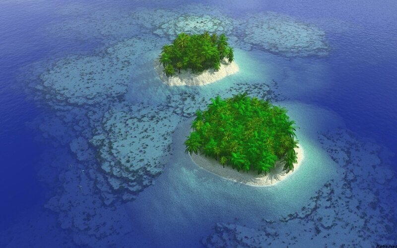 Tropical Islands in Ocean — Blue, Serene, Afternoon, Digital Art, Palm Trees