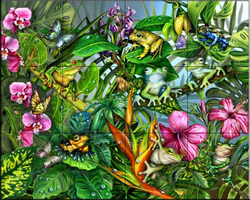tropical jungle with frogs and flowers