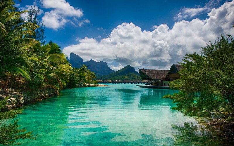 Tropical Lagoon with Bungalows — Blue, Serene, Afternoon, Photograph, Palm Trees