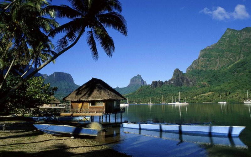Tropical Lagoon with Bungalows — Blue