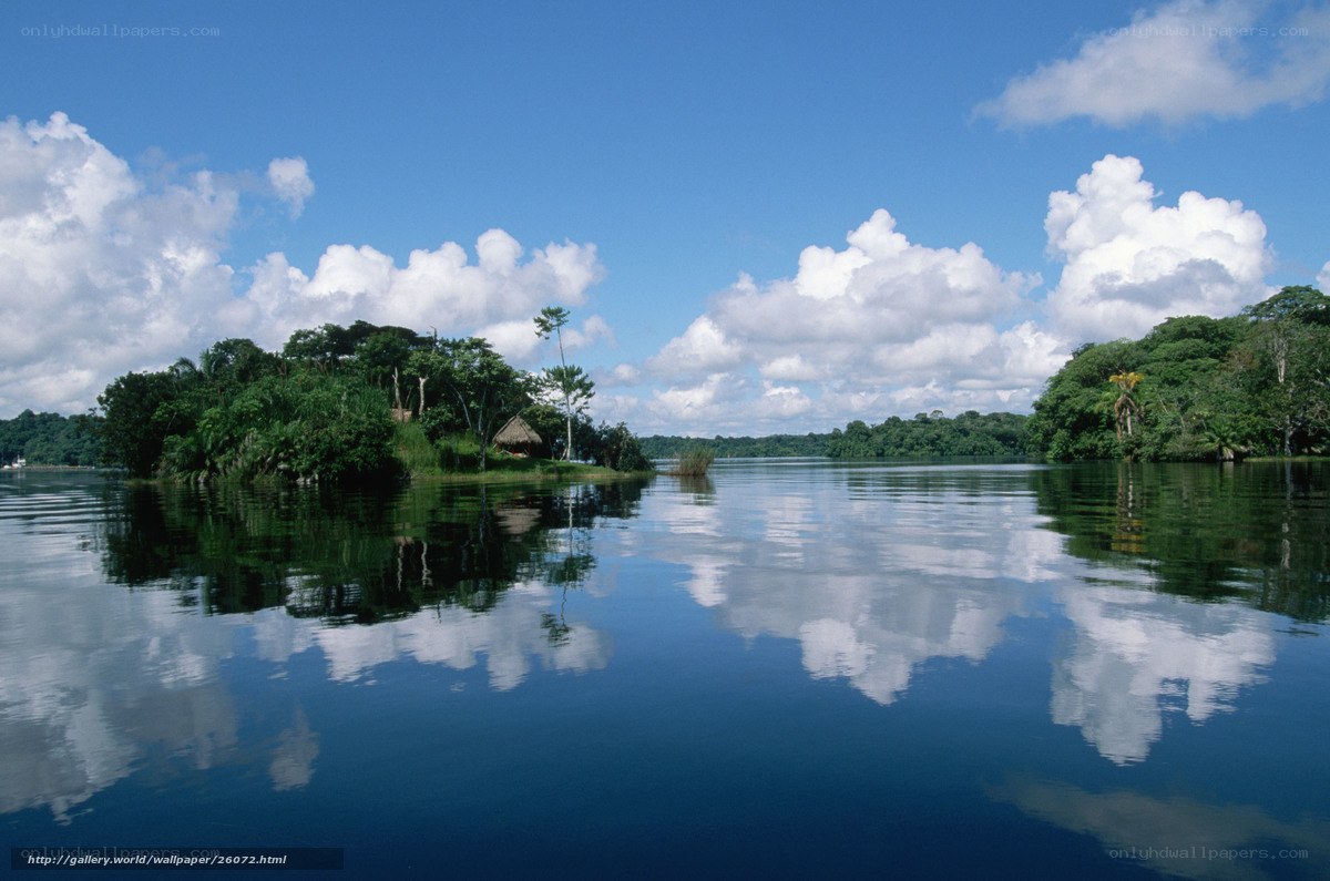 Tropical lake with island reflection