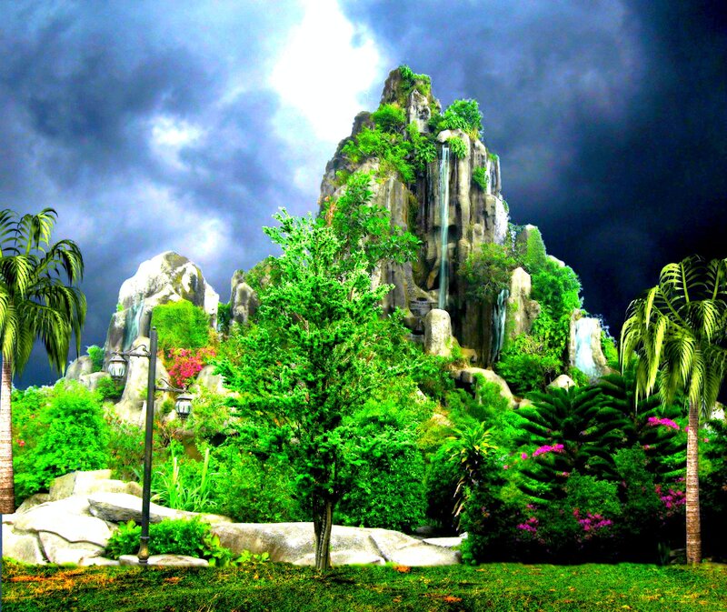 Tropical mountain with waterfall