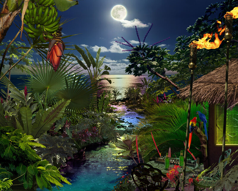 Tropical night garden scene