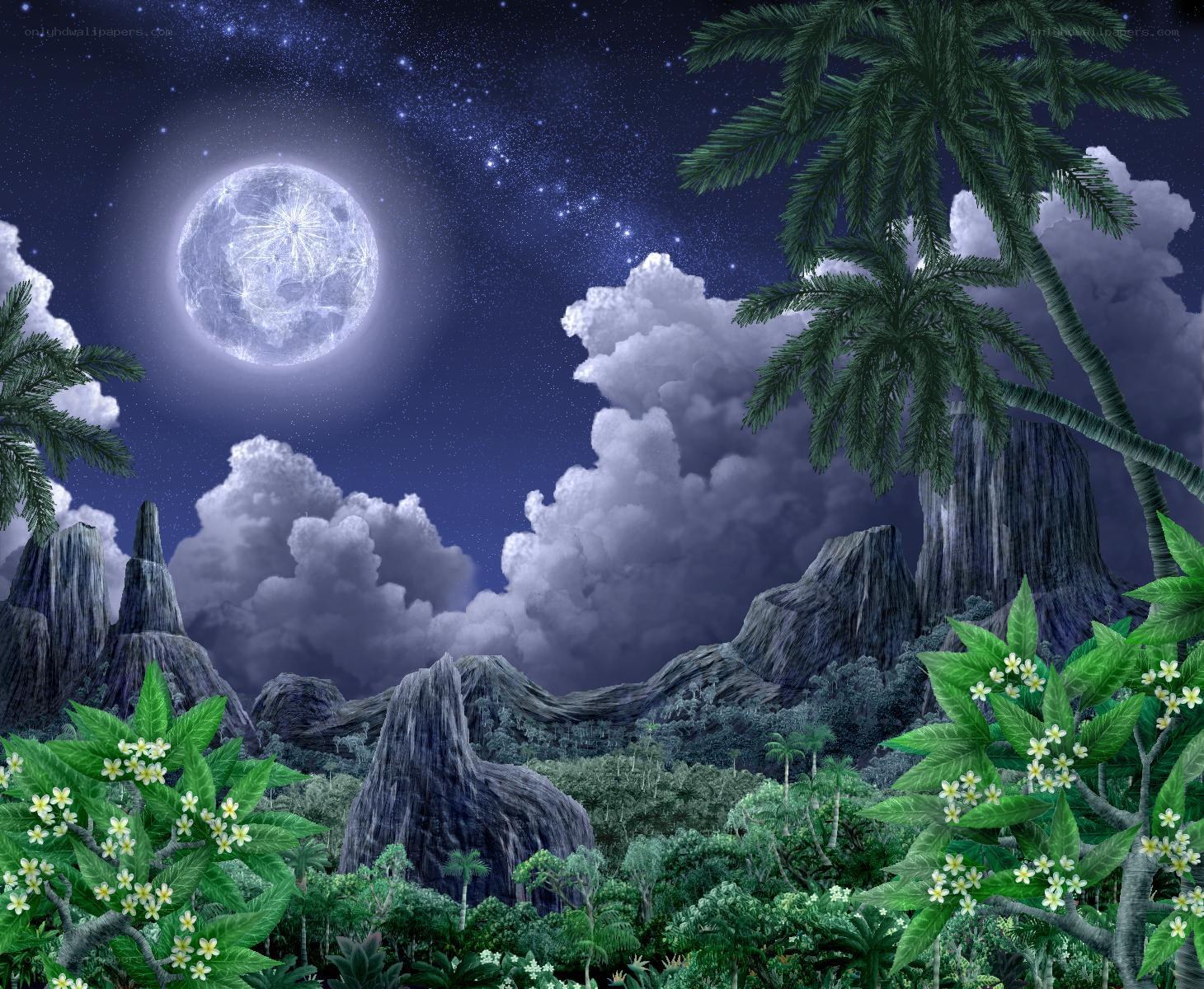 Tropical night under a glowing moon