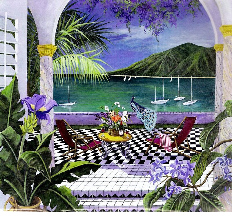 Tropical patio with peacock
