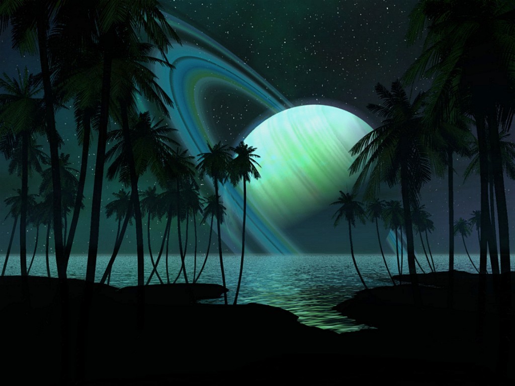 Tropical planet with ringed moon