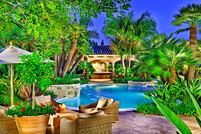 Tropical Pool Area — Green, Serene, Night, Photograph