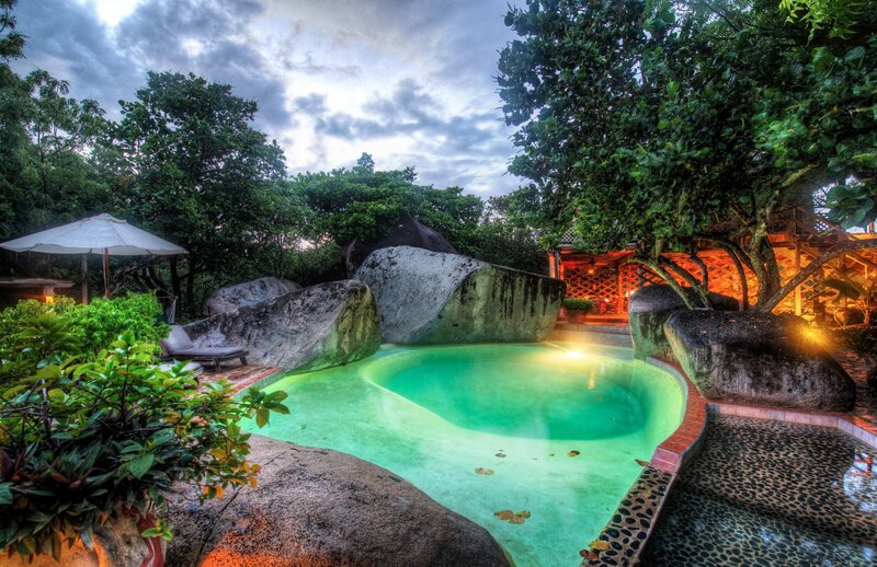 tropical pool at dusk