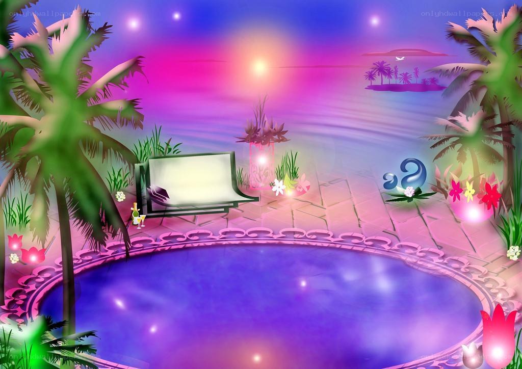 tropical pool at sunset