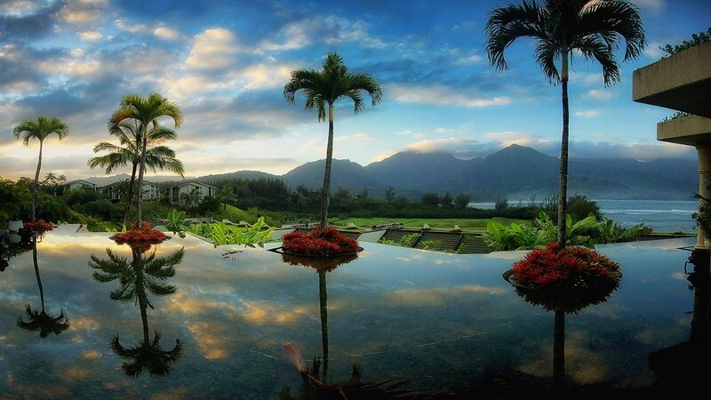 tropical pool with mountain view