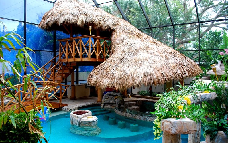 Tropical Pool with Thatched Hut — Blue, Afternoon