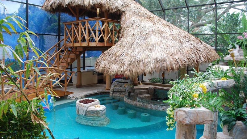 Tropical Pool with Thatched Hut — Blue
