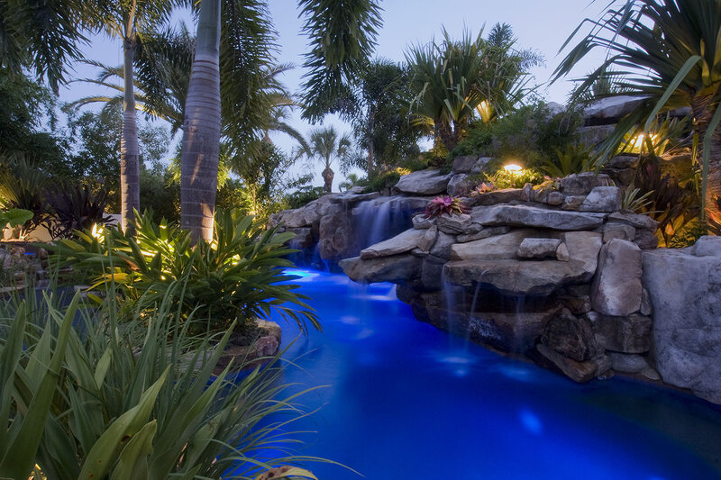Tropical Pool with Waterfall — Blue, Serene, Night