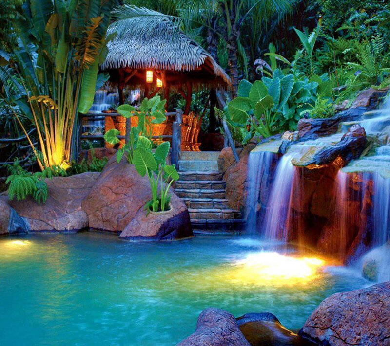 Tropical Pool with Waterfall — Blue, Serene