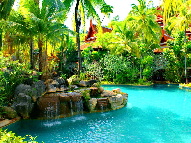 Tropical Pool with Waterfall — Blue