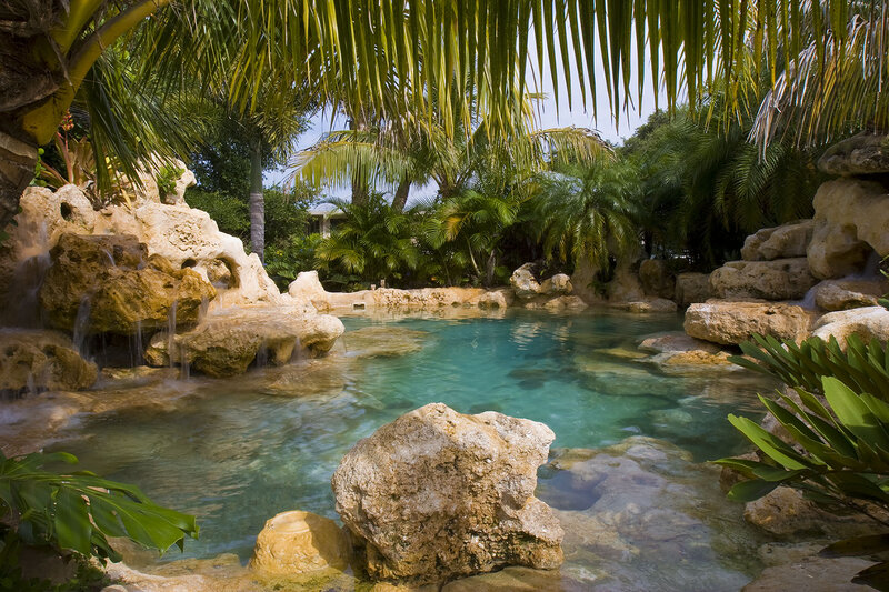 Tropical Pool with Waterfall — Green, Serene, Afternoon