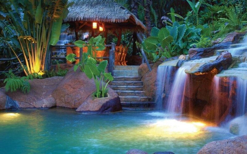 Tropical Pool with Waterfall — Green, Serene, Night