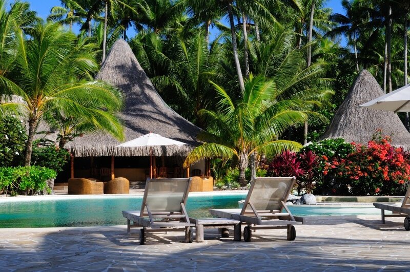 Tropical poolside resort scene