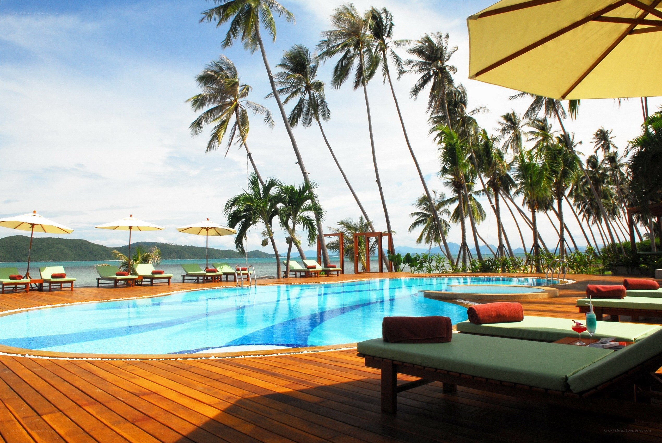 Tropical poolside resort scene
