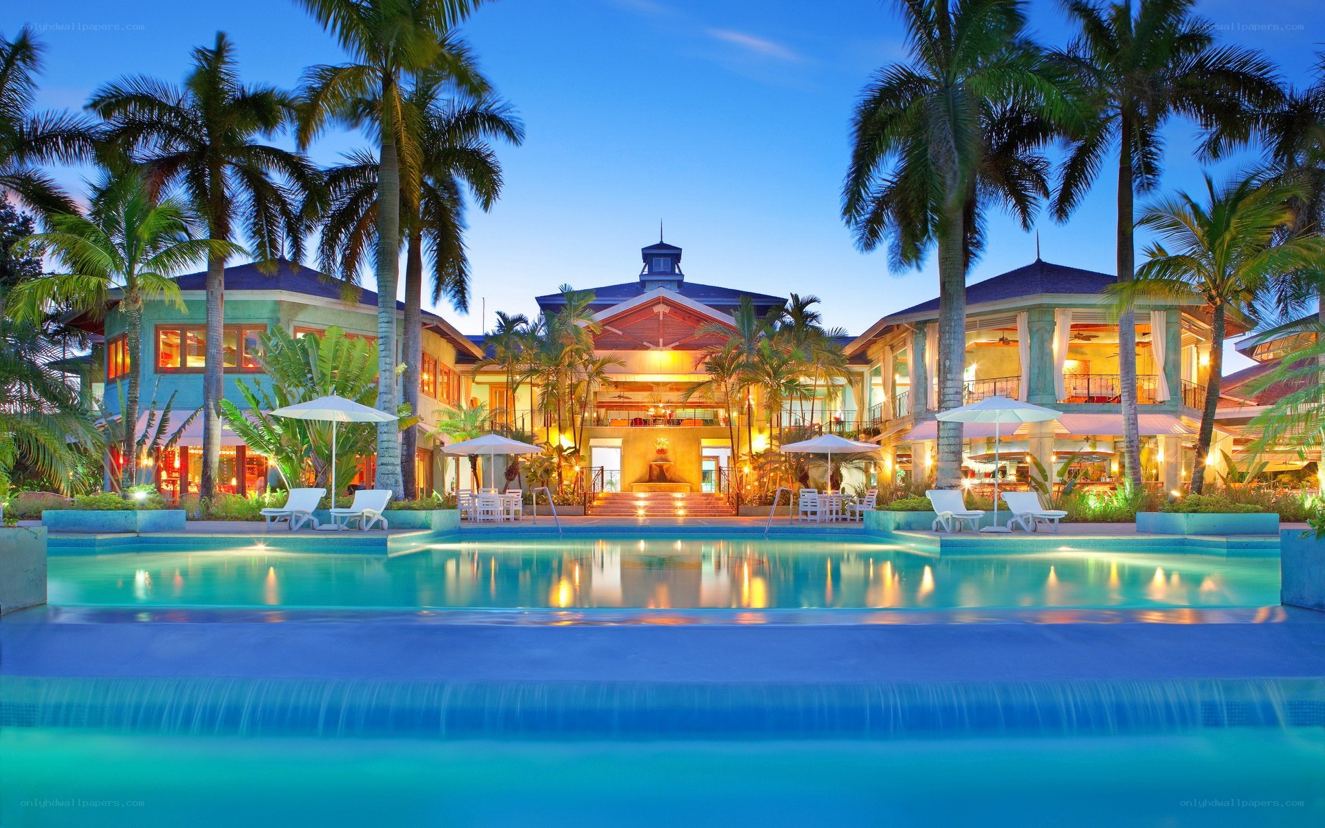 tropical resort at dusk