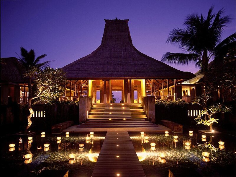 tropical resort at dusk