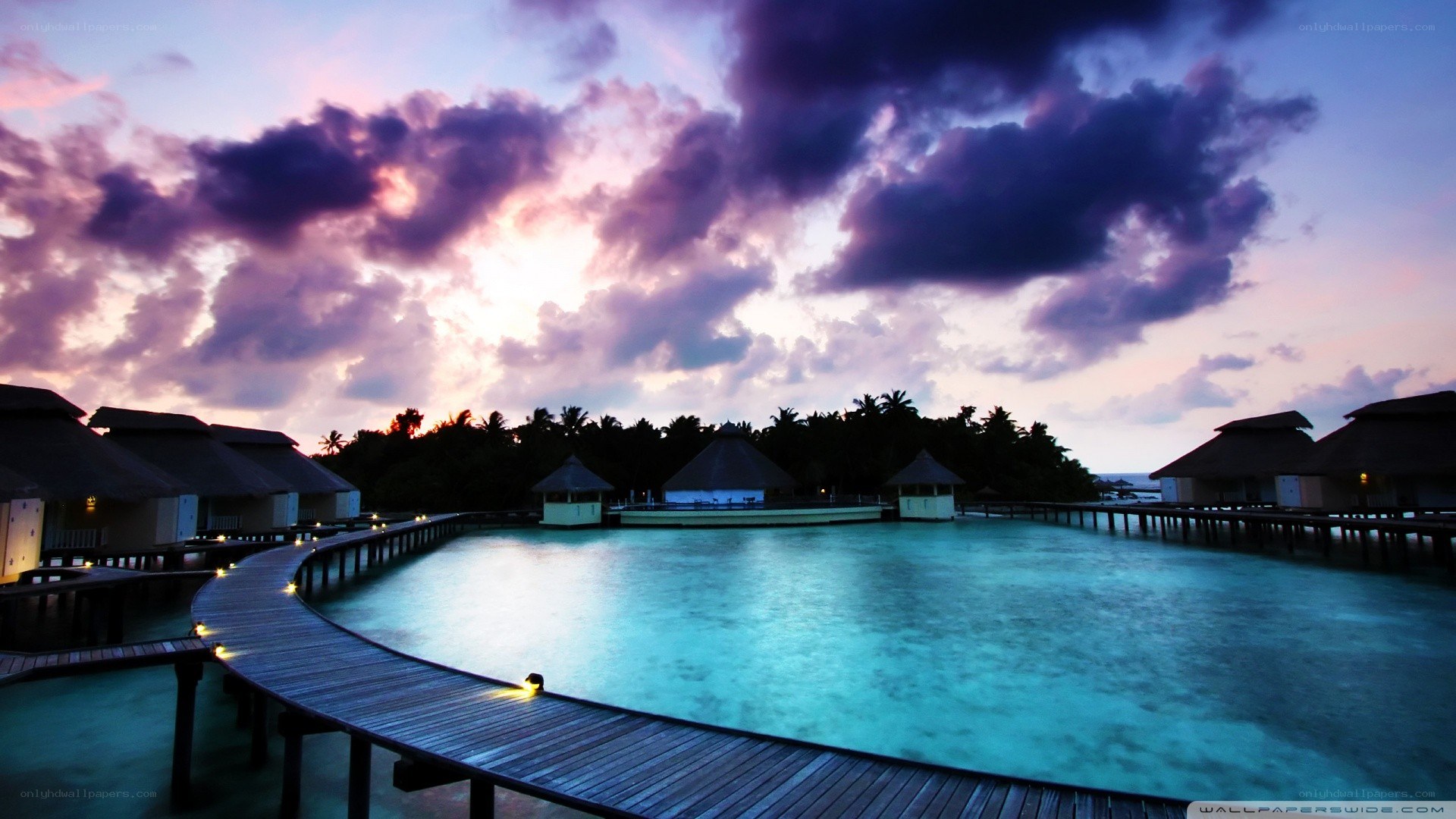 tropical resort at dusk