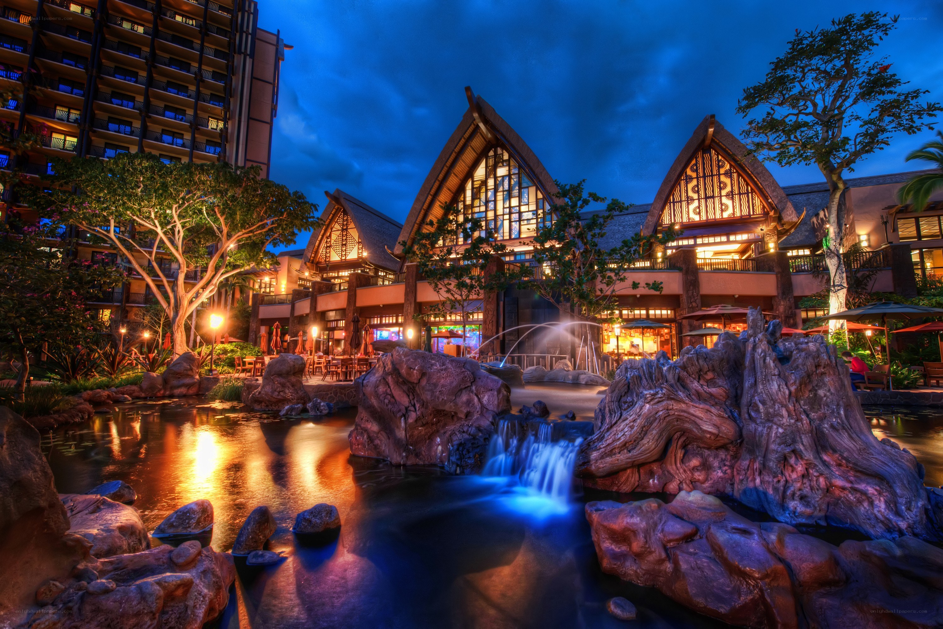 tropical resort at dusk
