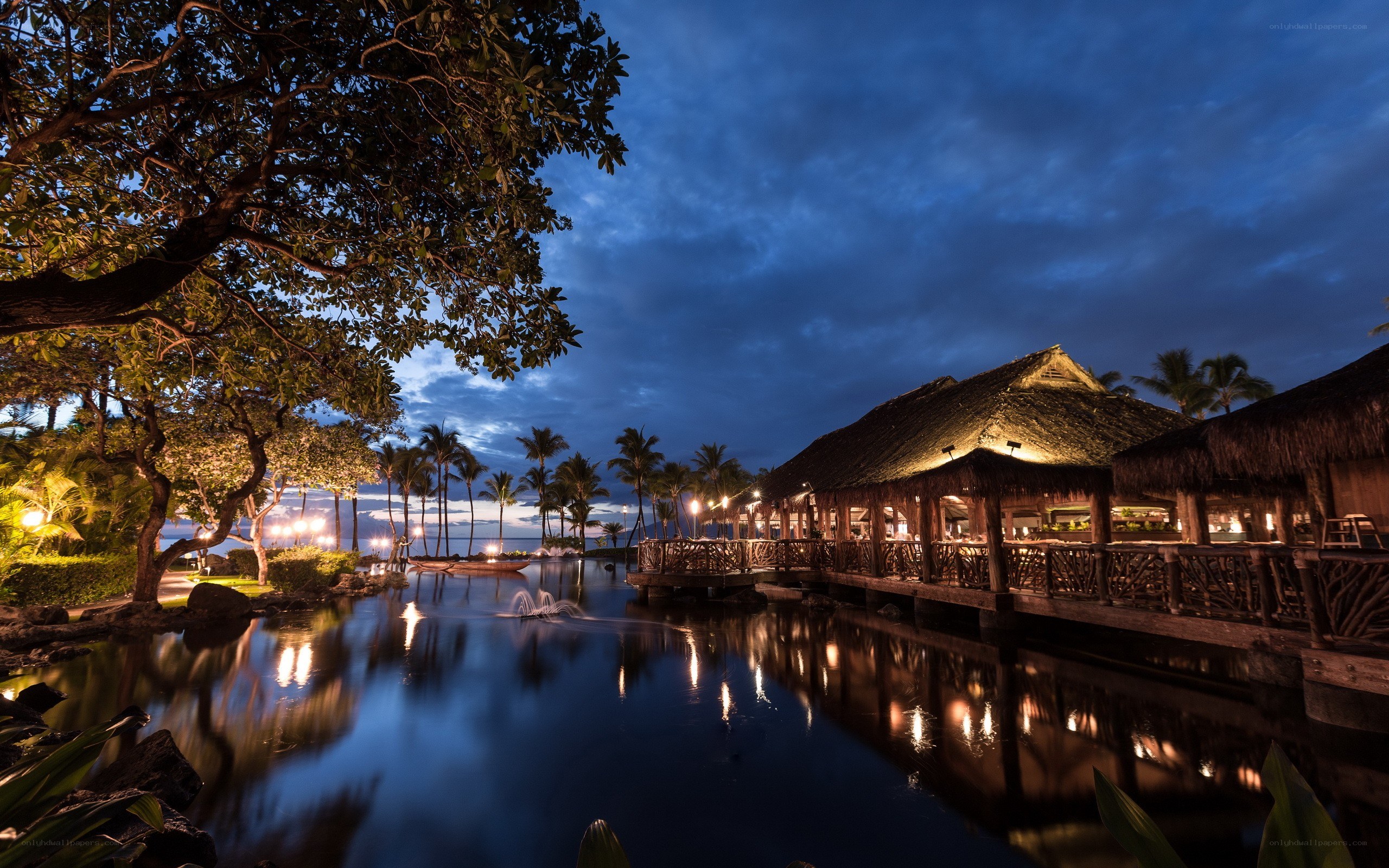 Tropical resort at dusk