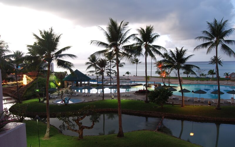 tropical resort at dusk