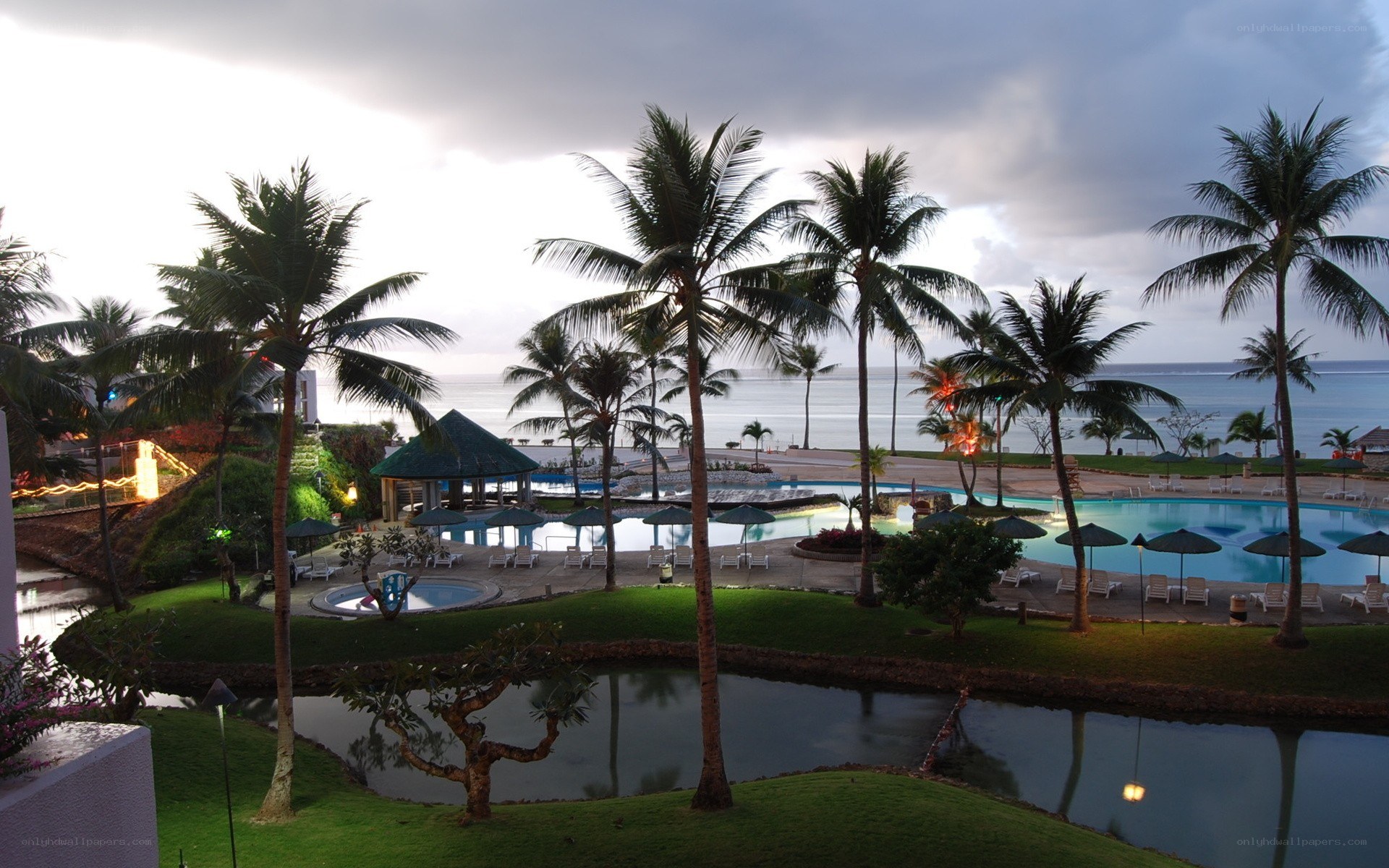 tropical resort at dusk