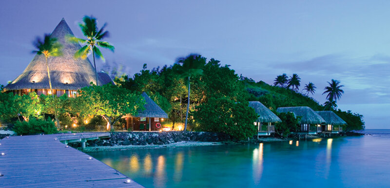 Tropical Resort at Dusk — Blue, Serene, Night, Photograph, Palm Trees