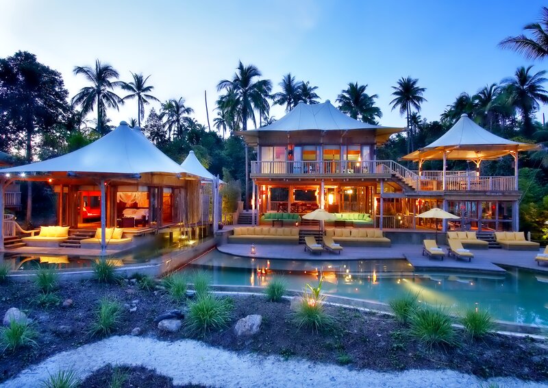 Tropical Resort at Dusk — Blue, Serene, Night