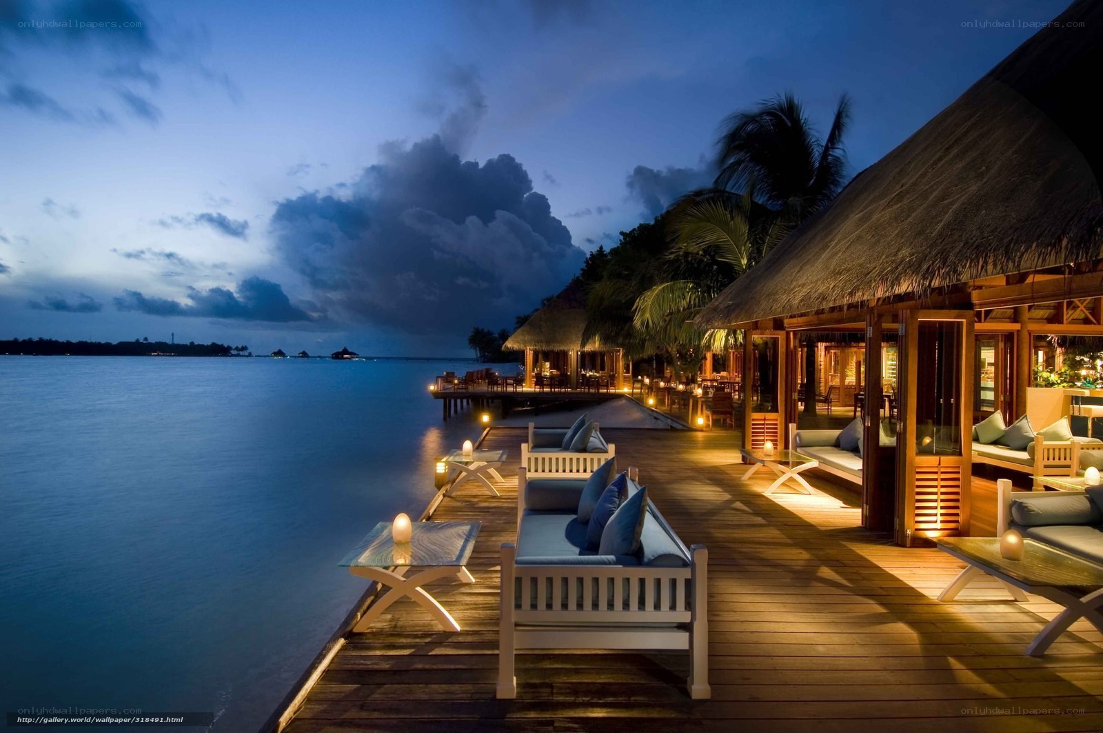 tropical resort at dusk