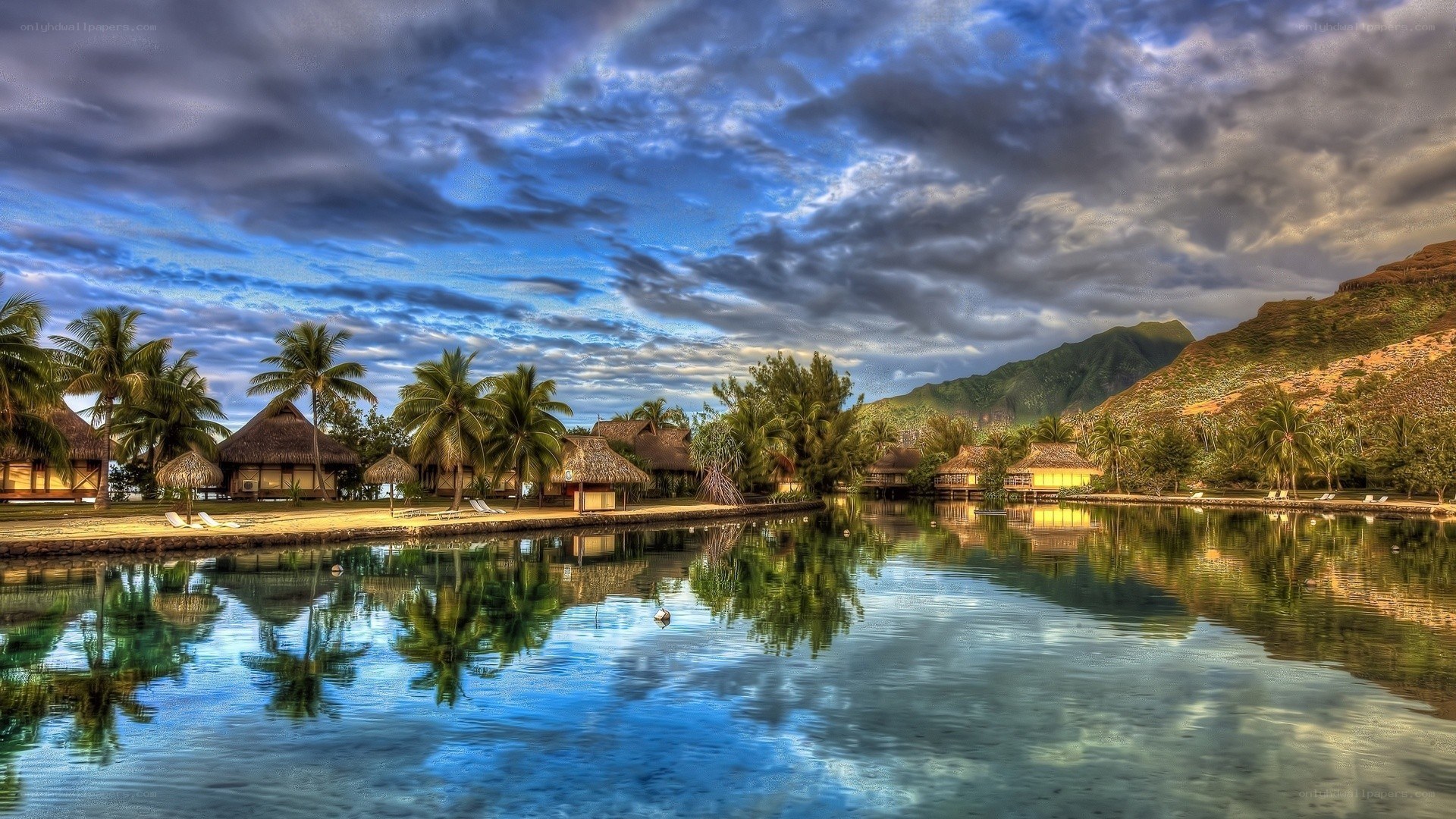 Tropical resort at sunset